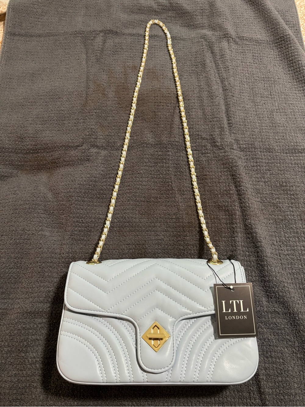 Faux Leather Light Blue Shoulder Bag with Gold Chain